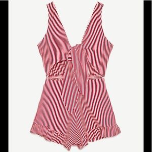 Red & white pinstripe sleeveless romper